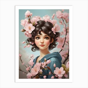 Asian Girl With Cherry Blossoms art print Art Print