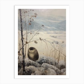 Vintage Winter Animal Painting Porcupine Art Print