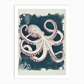 Red Linocut Inspired Octopus 1 Art Print