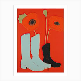 A Painting Of Cowboy Boots With Red Flowers, Pop Art Style 8 Art Print
