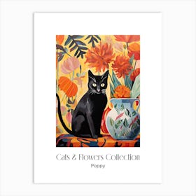 Cats & Flowers Collection Poppy Flower Vase And A Cat, A Painting In The Style Of Matisse 1 Art Print