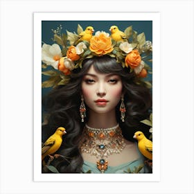 Asian Girl With Birds Art Print