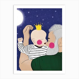 Father With Little Prince Or Princess Baby Sleeping Between The Stars Art Print