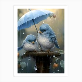 Birds In The Rain,Sheltered Companionship: Two Birds Under an Umbrella Art Print