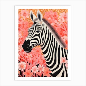 Floral Zebra Portrait Coral 2 Art Print