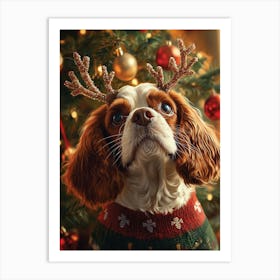 King Charles Spaniel In Christmas Jumper And Santa Hat Art Print