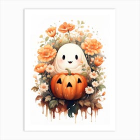 Cute Bedsheet Ghost, Botanical Halloween Watercolour 120 Art Print