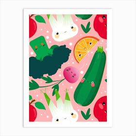Vegetables And Fruits Kawaii Pattern Art Print