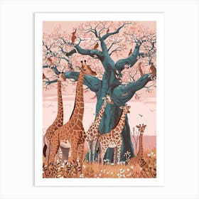 Herd Of Giraffes Resting Under The Tree Modern Illiustration 1 Art Print