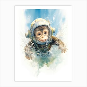 Monkey Painting Scuba Diving Watercolour 1 Art Print