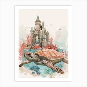 Sea Turtle With A Coral Castle Illustration 3 Art Print