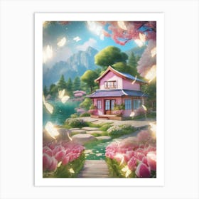 Pink House In Spring Art Print