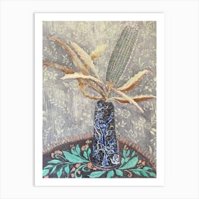 Still Life with Banksia Flower in Blue Vintage Vase  Art Print