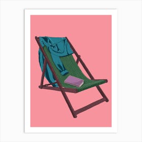 My Pink Happy Place Lazy Summer Beach Chair with a blue shirt and a book Art Print