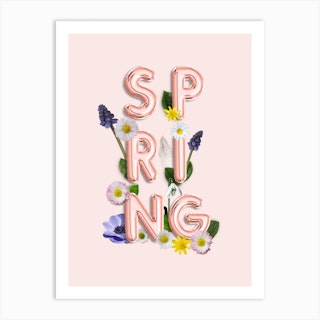Spring   Copper Balloon Typography And Flowers Art Print