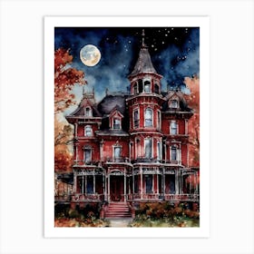The Red Witches House ~ Red Watercolor Witchy Cottage Gothic Victorian Mansion Home artwork - Witch pagan goth fairytale perfect cottage Flowers Gardens Witchcraft Magick Wicca Yoga Spiritual, Practical Magic Owen's House, Kat Van and Sabrina Inspired Art Print
