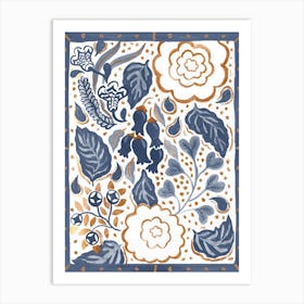 Blue Bilberry Gold Folk Bell Floral Art Print