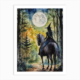 A Witch and her Dark Unicorn ~ Witchy Gothic Spooky Fairytale Watercolour  Art Print