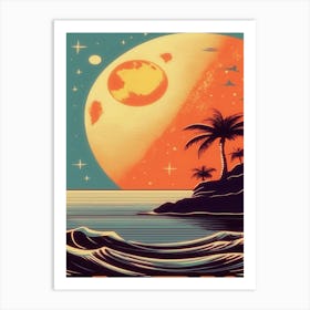 Moon Ocean Palm Tree 1970s Retro Motif Art Print