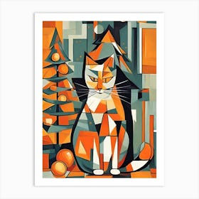 Cat with Oranges and Christmas Tree Cubism Art Print