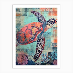 Collage Scrapbook Blue & Coral Sea Turtle Art Print