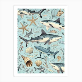 Pastel Blue Blacktip Reef Shark Watercolour Seascape Pattern 2 Art Print