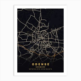 Odense Denmark Black And Gold Map Art Print