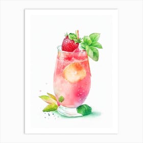 Strawberry Mojito, Cocktail, Drink Pastel Watercolour Art Print