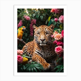 Jaguar And Parrot jungle Art Print