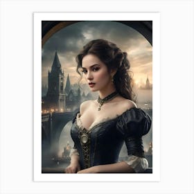 Digital Painting of Gorgeous Victorian Woman with Classic London City Scenery #4 Art Print