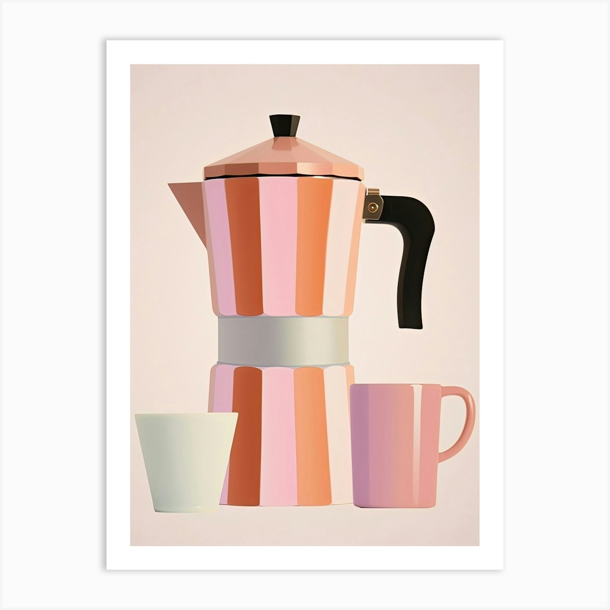 Italian Coffee Maker And Mugs Illustration Pink Background Póster