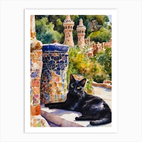 Black Cat at Park Guell Iconic Gaudi Barcelona Artwork - Lounging Cat Traditional Watercolor Art Print Kitty Travels Home and Room Wall Art Cool Decor Klimt and Matisse Inspired Modern Awesome Cool Unique Pagan Witchy Witches Familiar Gift For Cat Lady Animal Lovers World Travelling Genuine Works by British Watercolour Artist Lyra O'Brien  Art Print