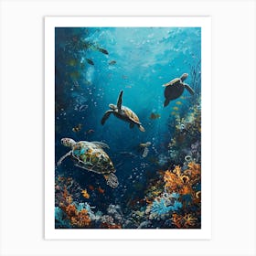 Sea Turtles With A Coral Reef Expressionism Style Painting 11 Art Print