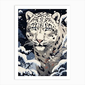 Snow Leopard Animal Drawing In The Style Of Ukiyo E 3 Art Print
