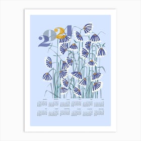 Linocut flowers light blue calendar 2024 Art Print