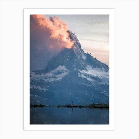 Small Man, Huge Mountain, Clouds, Oil Painting Art Print