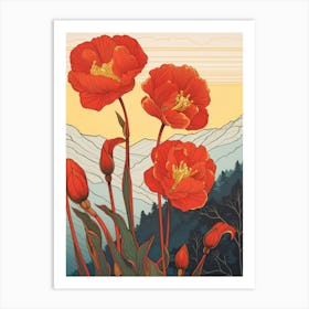 Red Tulips Mounatin Landscape 2 Art Print