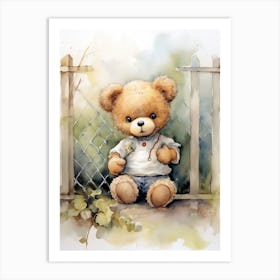 Fencing Teddy Bear Painting Watercolour 2 Art Print