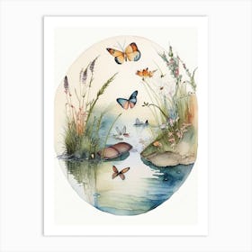 Butterflies On Lake Watercolour Ink 1 Art Print