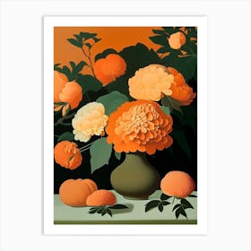 Orange Peonies On A Table 1 Vintage Sketch Art Print