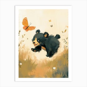 American Black Bear Cub Chasing After A Butterfly Storybook Illustration 2 Art Print