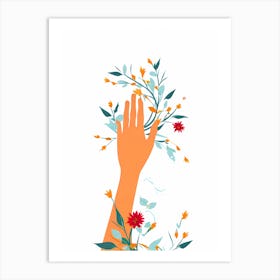 Hand Reaching For Flowers, flower portrait, hand and flowers, orange flowers, flowers and vines, digital art, vector art 1 Art Print