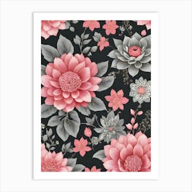 Painted Spring and Summer Flowers Boho Pattern - Dark Grey Background Pink and Grey Bohemian Blooms Wallpaper Art Like Amy Butler and William Morris Fabric Print For Lunar Pagan Gallery Feature Wall Floral Botanical Luna Lover HD Art Print