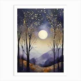 Cosmic Fall Night،
An ethereal boho painting that captures the beauty of a fall night sky. The background is a deep navy, speckled with tiny stars, while the foreground features silhouettes of autumn trees in shades of charcoal and dark olive. The moon is painted in a glowing silver, surrounded by soft wisps of mist in pale gold and lavender.
.14 Art Print