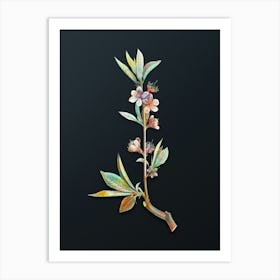 Vintage Pink Flower Branch Botanical Watercolor Illustration on Dark Teal Blue n.0402 Art Print