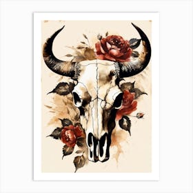 Vintage Boho Bull Skull Flowers Painting (48) Art Print