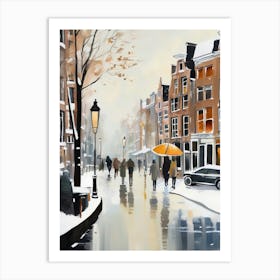 Amsterdam cafes, winter season, Christmas, autumn oil colors, pale colors, pedestrians in the street, winter clothes, falling snow.3 Art Print