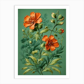 Orange Flowers On A Green Background Art Print