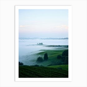 Misty Landscape Rolling Hills Merge With Translucent Fog Towering Ancient Trees Silhouetted Agains Art Print