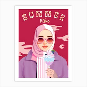 Sunny Delights: A Hijabi's Joy with Gelato Under the Sun Art Print